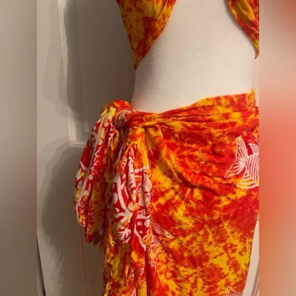 Bikini Top & Long Sarong Wrap Skirt, One Size, Orange, White & Yellow Color, EUC - Picture 5 of 10